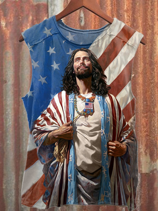 Vintage Independence Day Jesus Art Print Casual Cotton Tank Top