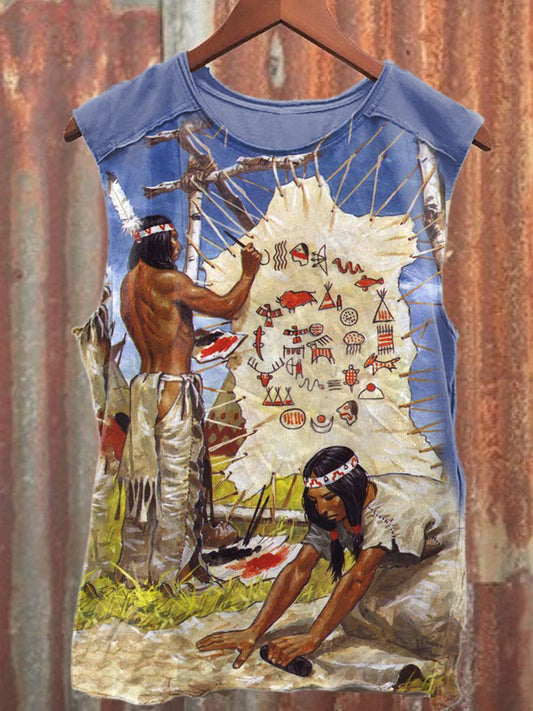 Retro Tribal Illustration Art Print Casual Cotton Tank Top