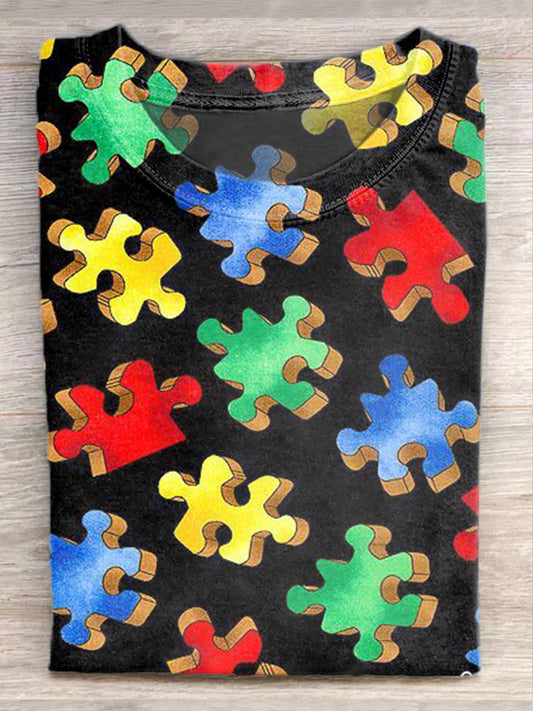 Vintage Autism Awareness Jigsaw Puzzle Print Casual T-Shirt