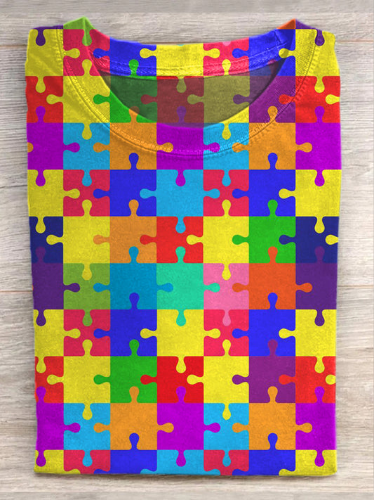 Vintage Autism Awareness Jigsaw Puzzle Print Casual T-Shirt