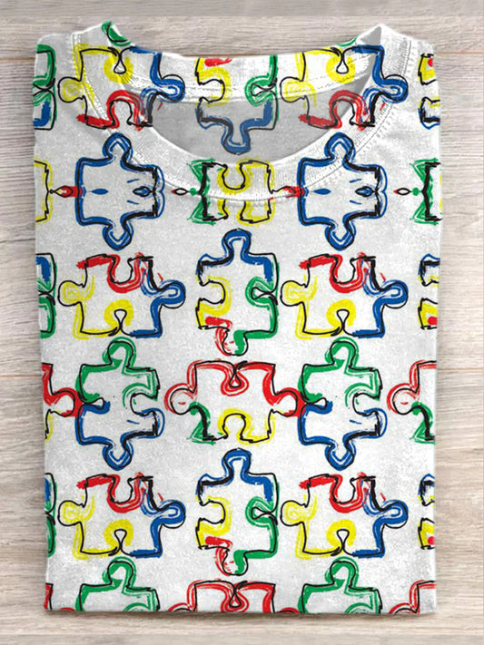 Vintage Autism Awareness Jigsaw Puzzle Print Casual T-Shirt