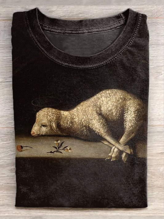 Retro Sheep Illustration Art Print Casual T-Shirt
