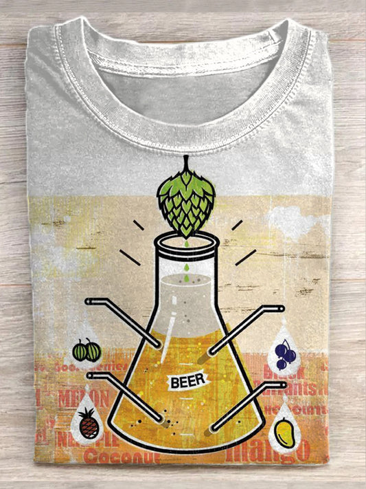 Retro Beer Illustration Art Print Casual T-Shirt