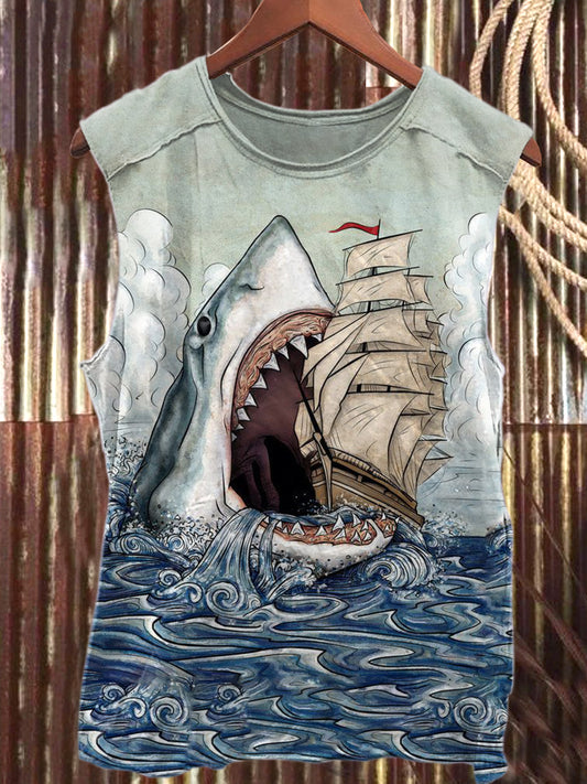Horror Shark Art Print Casual Cotton Tank Top
