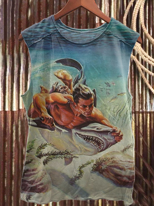 Horror Shark Art Print Casual Cotton Tank Top