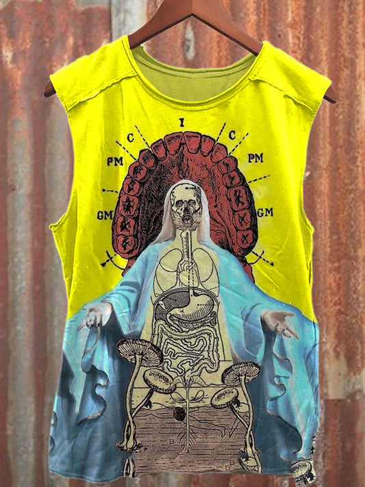 Retro Illustration Print Casual Loose Tank Top