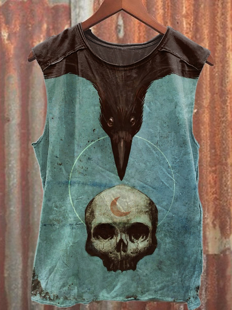 Retro Crow Print Casual Cotton Loose Tank Top