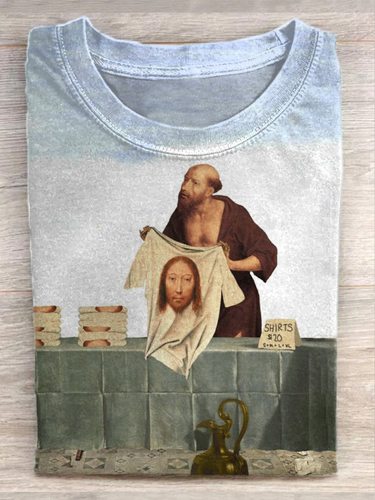 Retro Jesus Illustration Print Casual Loose T-Shirt
