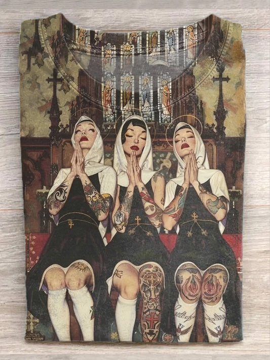 Funny Nun Print Casual Loose T-Shirt