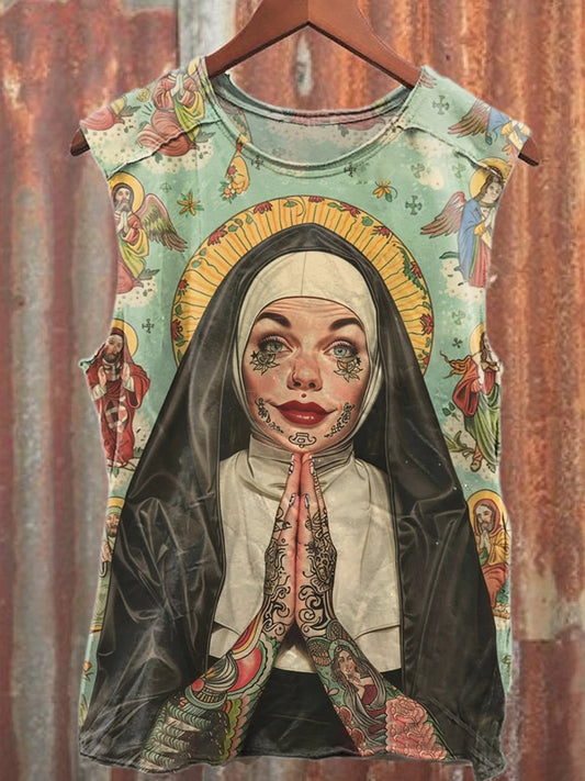 Graffiti Nun Print Casual Cotton Loose Tank Top