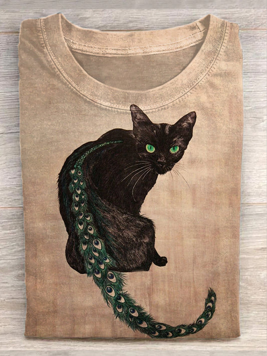 Funny Cat Illustration Printed Casual Loose T-Shirt