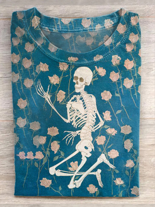 Floral Skull Illustration Print Casual Loose T-Shirt