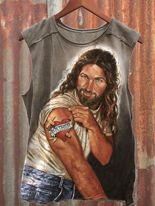 Vintage Jesus Love Heart Print Casual Cotton Loose Tank Top
