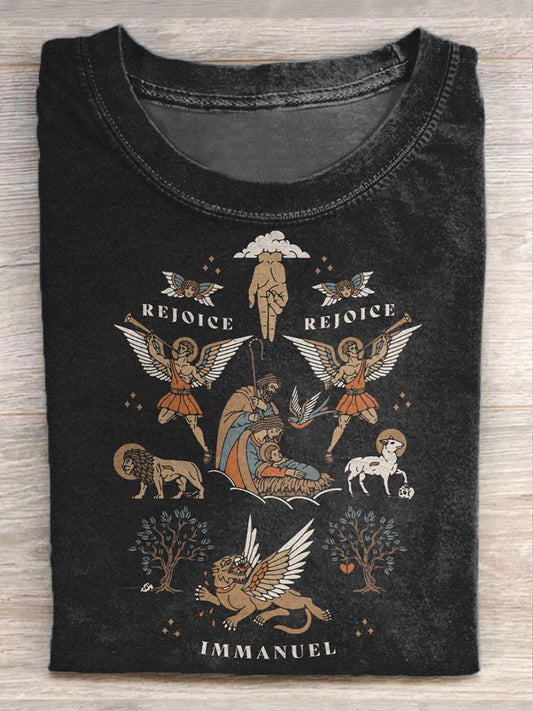 Vintage Jesus Angel Graffiti Illustration Casual Cotton T-shirt