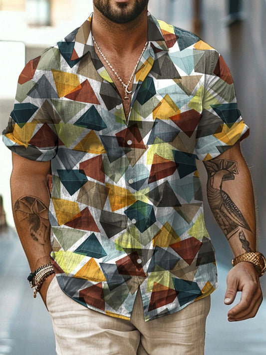 Color Geometry Printed Vintage Fashion Lapel Loose Short Sleeve Shirt