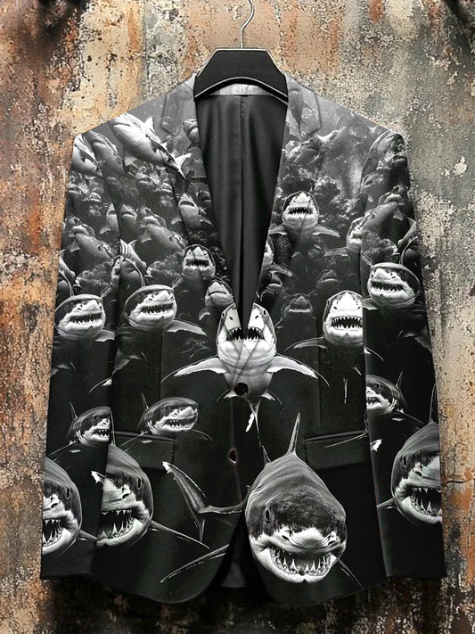 Scary Shark Illustration Print Casual Blazer
