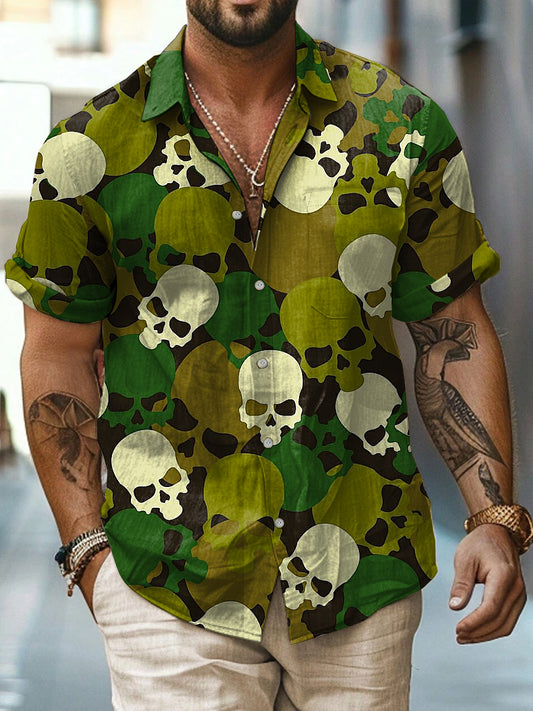 Skull Printed Vintage Fashion Lapel Loose Short Sleeve Shirt