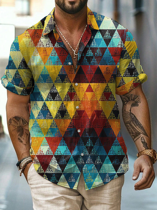 Color Geometry Printed Vintage Fashion Lapel Loose Short Sleeve Shirt