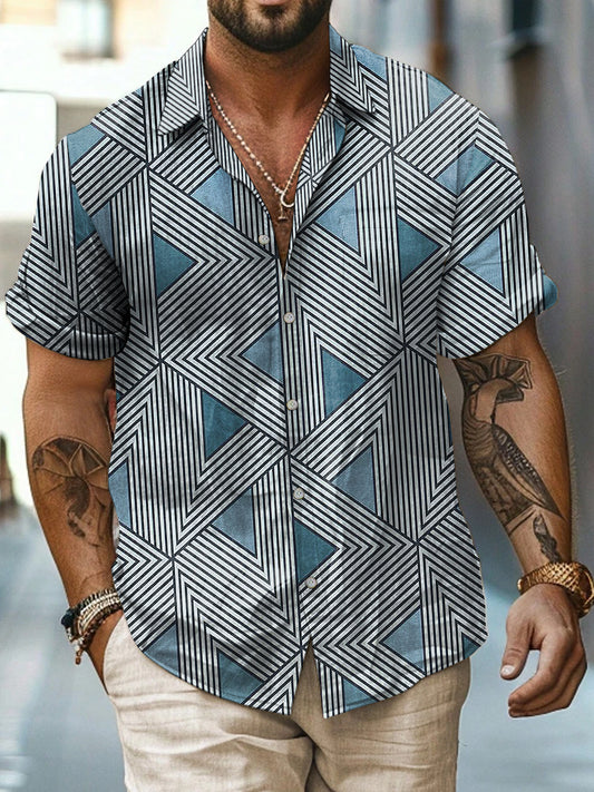 Geometry Printed Vintage Fashion Lapel Loose Short Sleeve Shirt