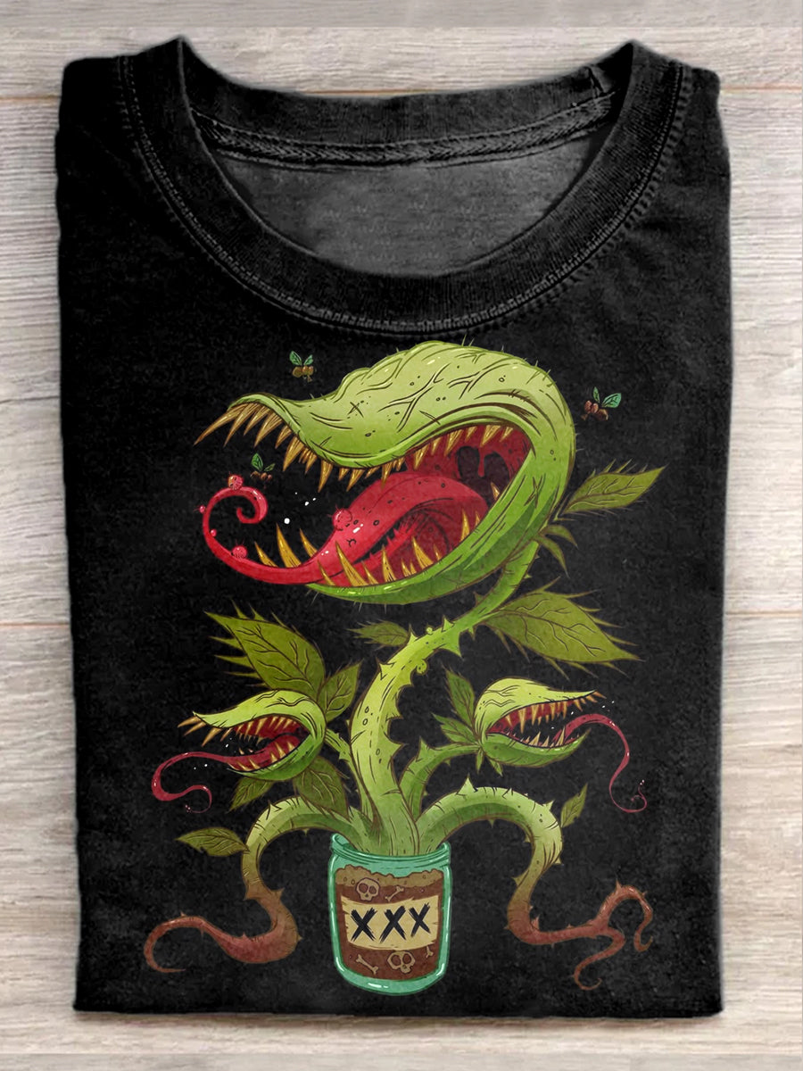 Man-Eating Plant Illustration Printed Casual Loose T-Shirt