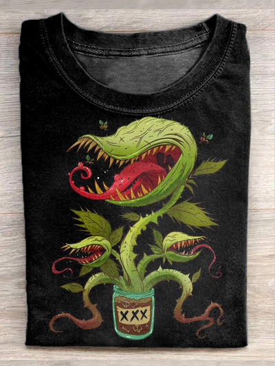 Man-Eating Plant Illustration Printed Casual Loose T-Shirt