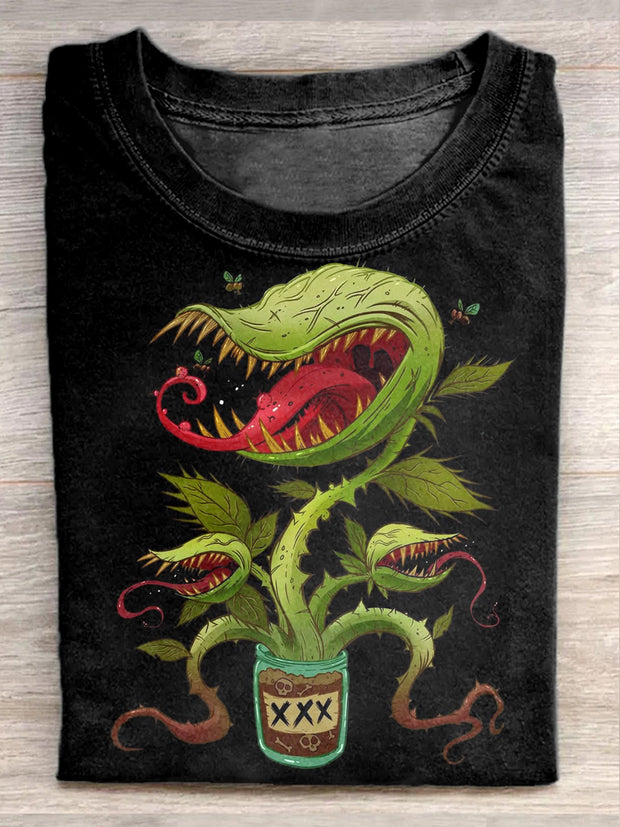 Man-Eating Plant Illustration Printed Casual Loose T-Shirt