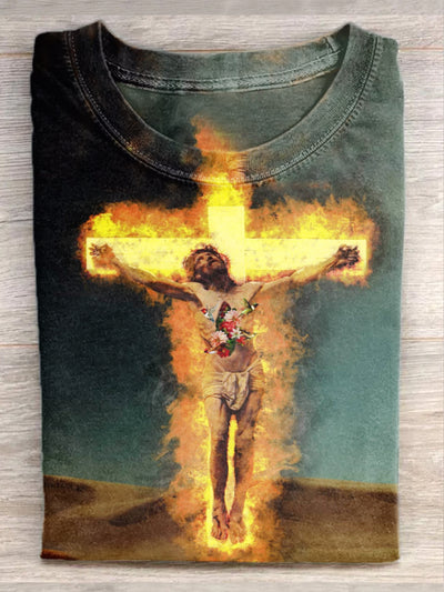 Vintage Jesus Cross Illustration Printed Casual Loose T-shirt