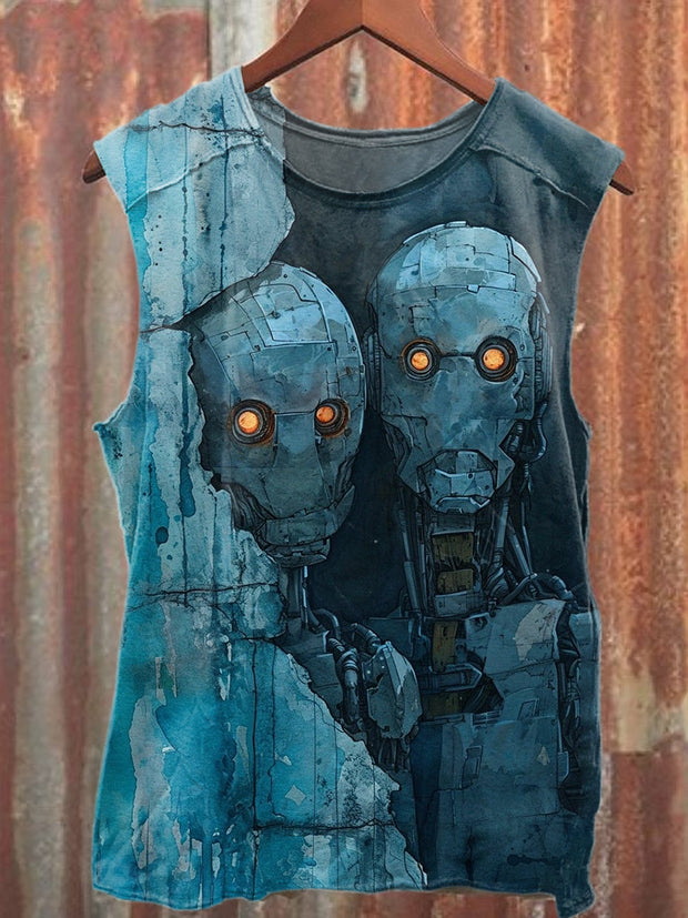 Retro Robot Print Casual Tank Top