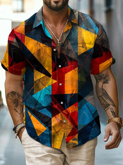 Color Geometry Printed Vintage Fashion Lapel Loose Short Sleeve Shirt