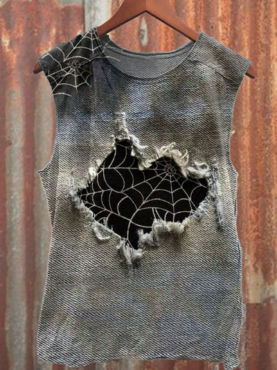 Retro Fashion Denim Ripped Print Casual Tank Top