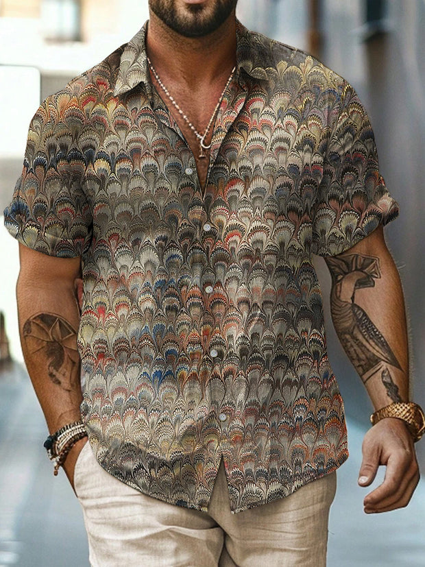 Color Abstract Printed Vintage Fashion Lapel Loose Short Sleeve Shirt