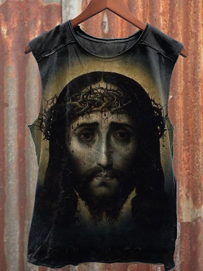 Vintage Jesus Print Casual Tank Top