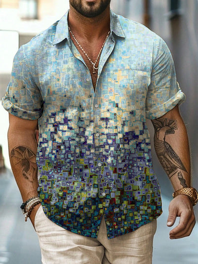 Geometry Printed Vintage Fashion Lapel Loose Short Sleeve Shirt