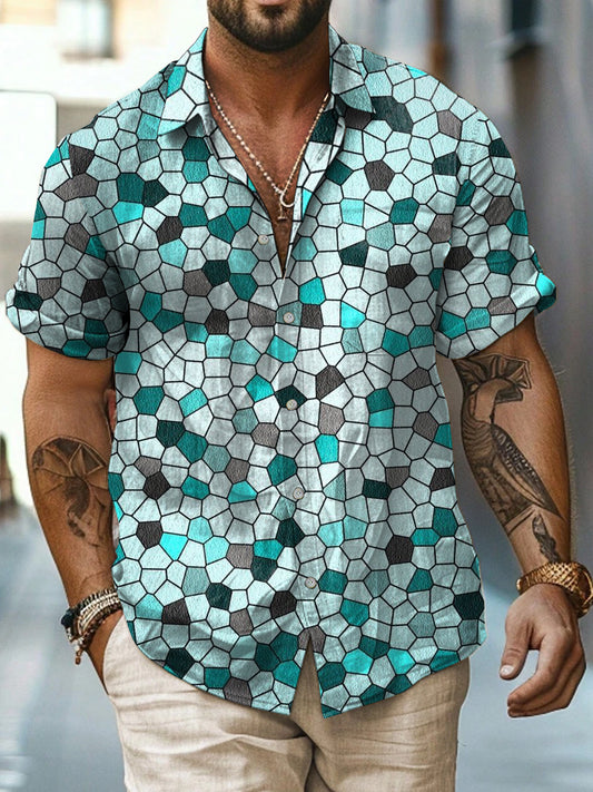 Geometry Printed Vintage Fashion Lapel Loose Short Sleeve Shirt