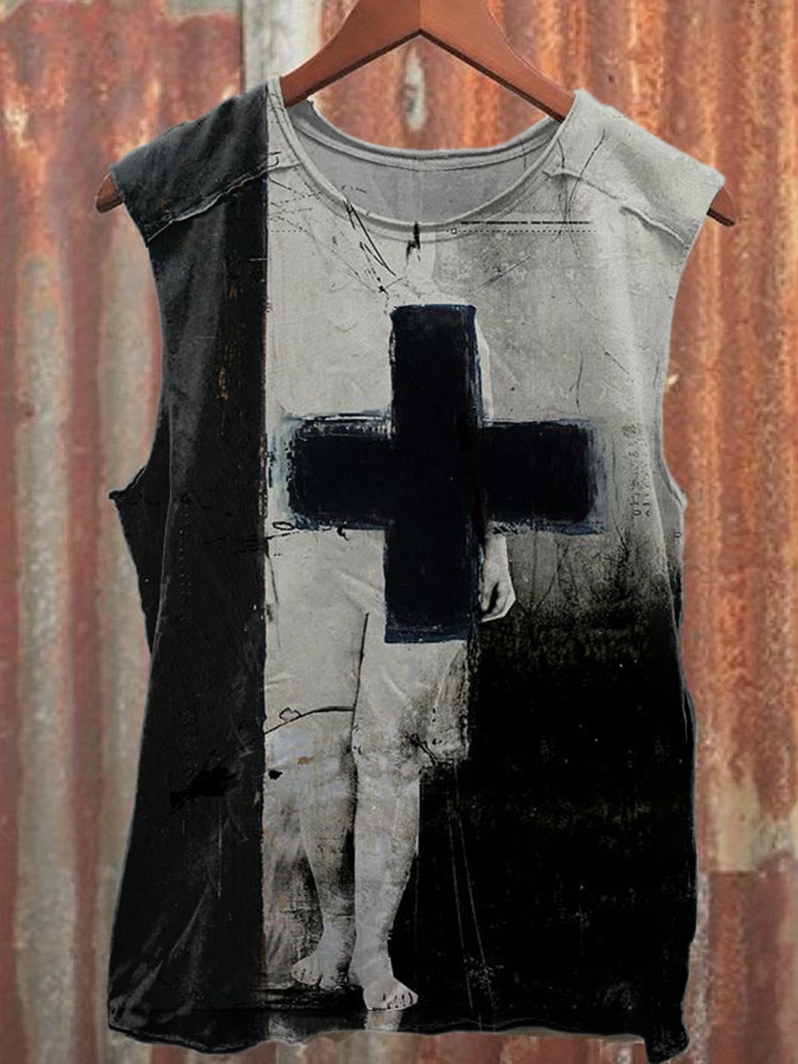Retro Graffiti Cross Print Casual Tank Top