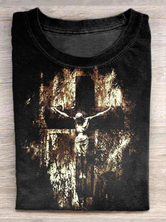 Vintage Jesus Cross Illustration Printed Casual Loose T-shirt