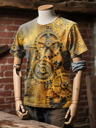 Industrial Style Rusty Mechanical Print Casual Loose T-Shirt