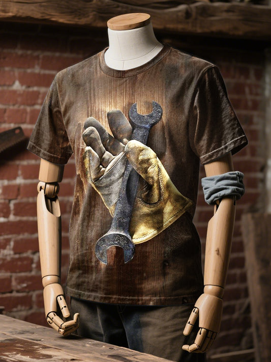 Retro Industrial Style Mechanical Tool Printed Casual Loose T-Shirt