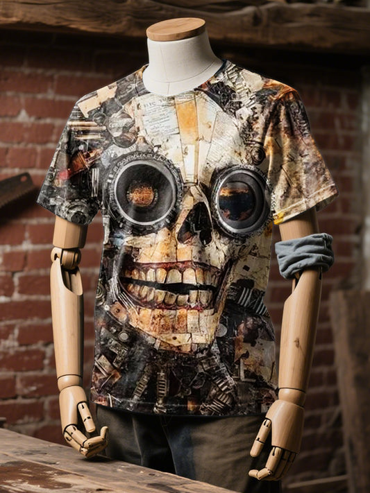 Retro Industrial Style Mechanical Skull Printed Casual Loose T-shirt
