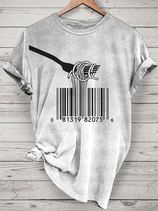 Funny QR Code Printed Vintage Fashion Loose Short Sleeve T-Shirt