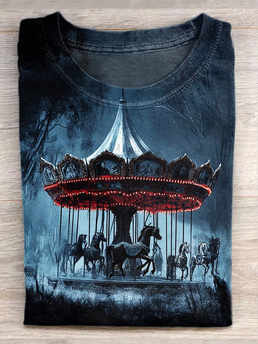 Vintage Carousel Art Print Casual Cotton T-Shirt