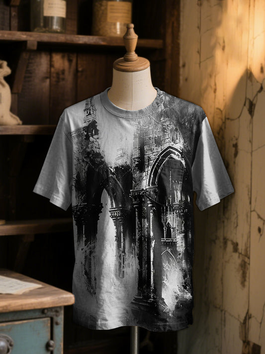Retro Dark Architectural Art Print Casual Short Sleeve T-Shirt