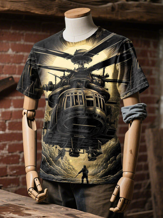 Retro Industrial Style Helicopter Printed Casual Loose T-shirt