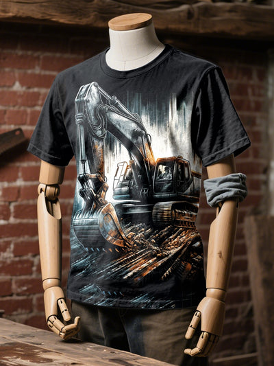 Retro Industrial Style Excavator Printed Casual Loose T-shirt