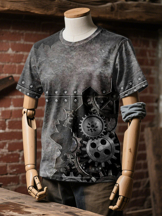 Industrial Style Rusty Mechanical Print Casual Loose T-Shirt