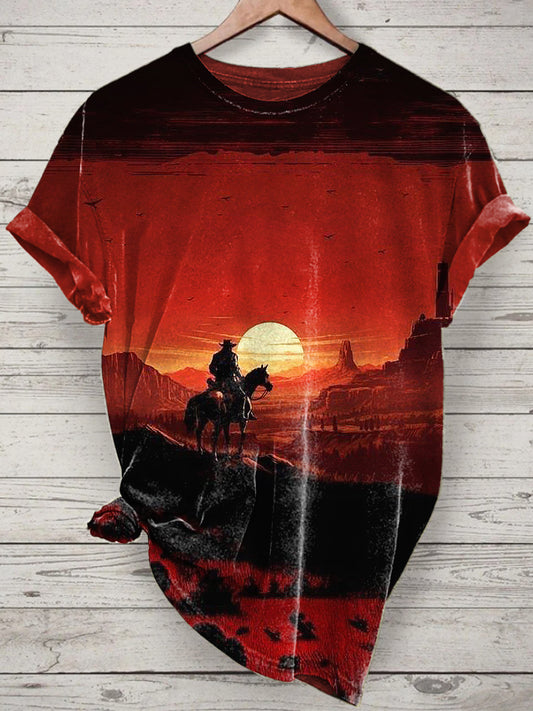 Cowboy Printed Vintage Fashion Loose Short Sleeve T-Shirt