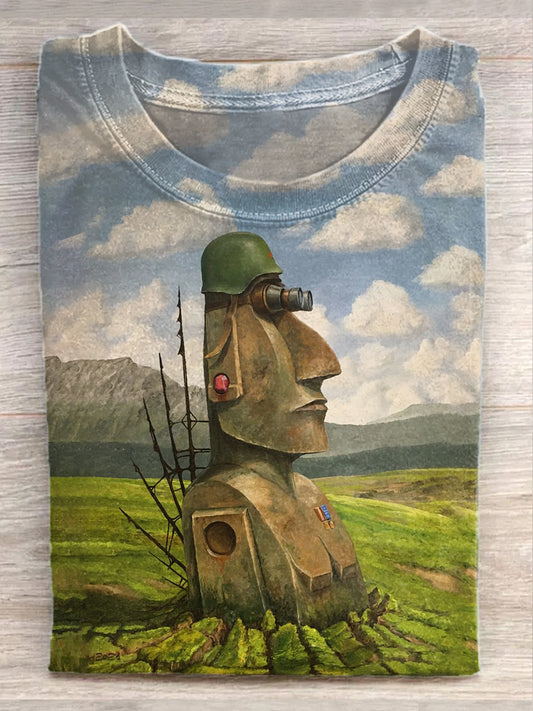 Easter Island Statue Illustration Print Casual Cotton T-Shirt