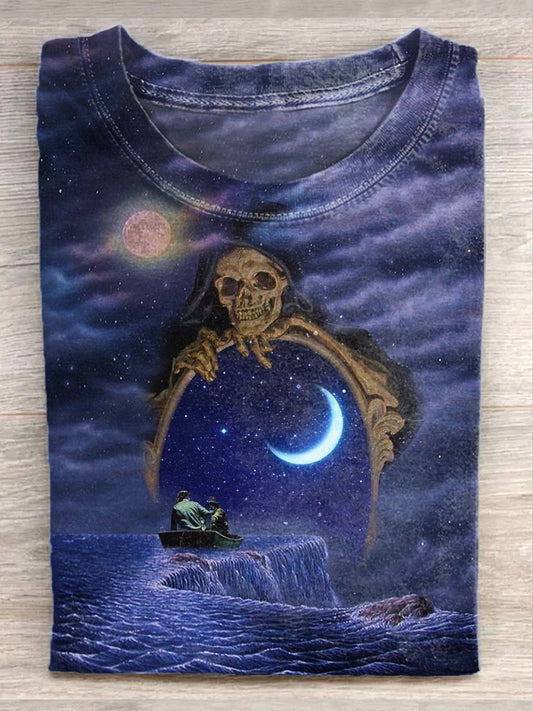 Skull Space Mirror Illustration Printed Casual Cotton T-shirt