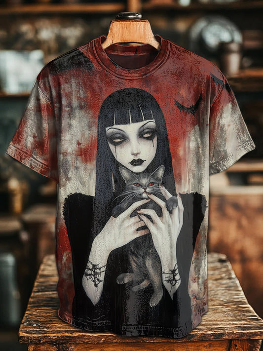 Retro Gothic Cat Illustration Casual T-shirt