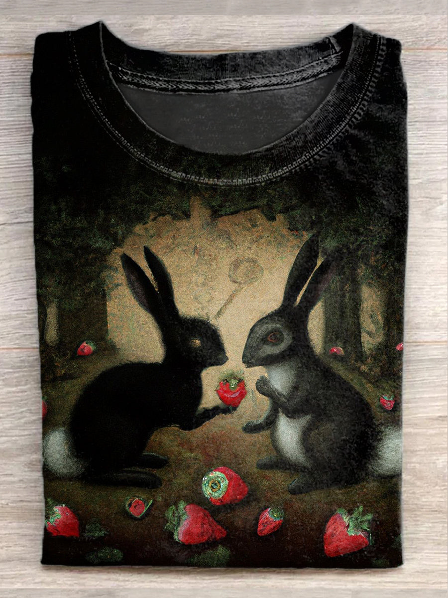 Fun Bunny Illustration Printed Casual Cotton T-Shirt